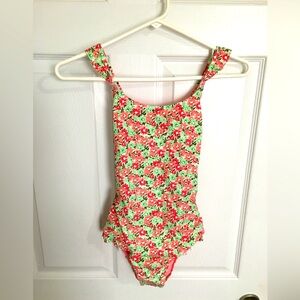 NWT Kids Vineyard Vines Floral Pink Green & White Swimsuit, Size L (14) Ruffles
